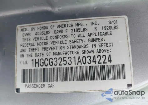 2001 Honda Accord 2.3 Ex из США, поврежденный, VIN 1HGCG32531A034224